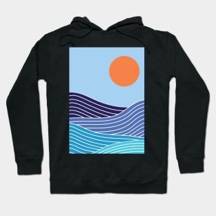 Minimalist Navy Blue Ocean Waves And Sunset Graphic Art Hoodie